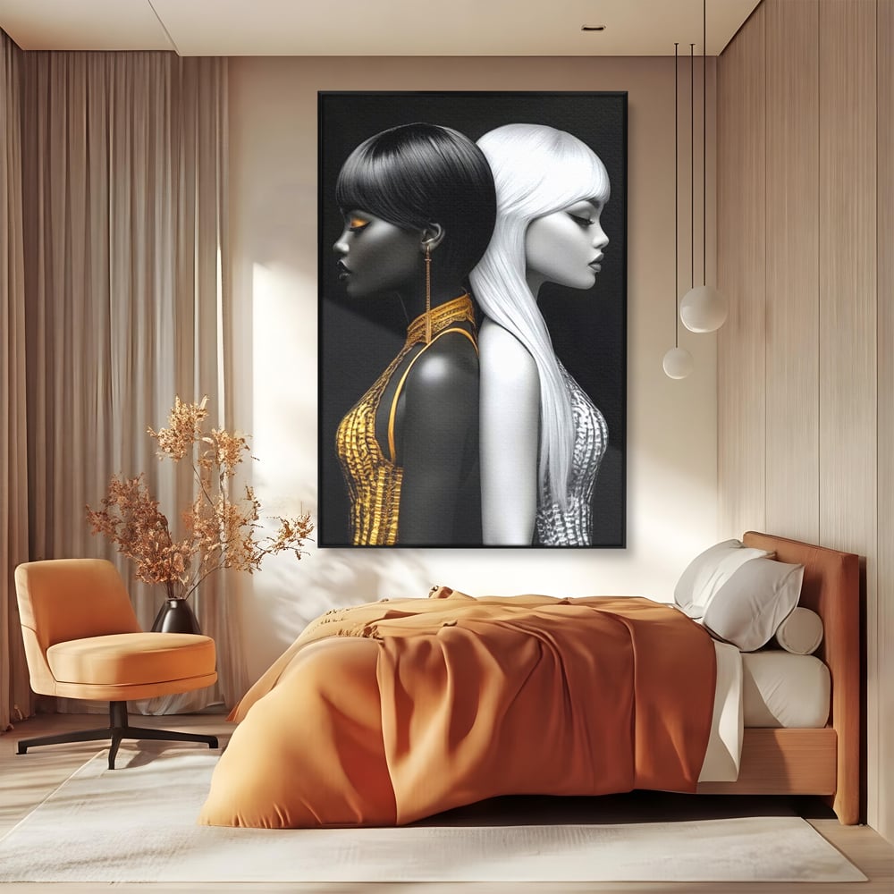 Tablou canvas cu tablou canvas cu doua fete in contrast, in rama de aluminiu negru, pe perete intr-un dormitor
